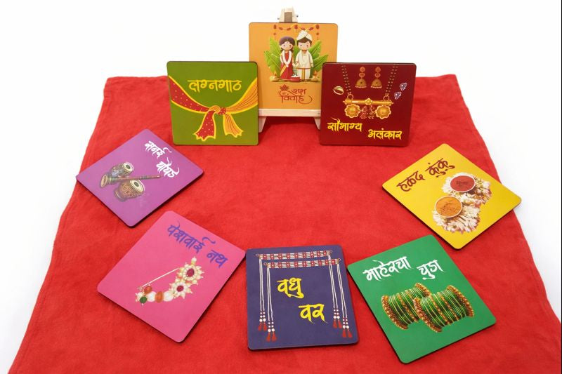 Traditional Marathi Quote Mini Desk Decor Card with Wooden Easel Stand (Pack of 8 cards with 2 stands)