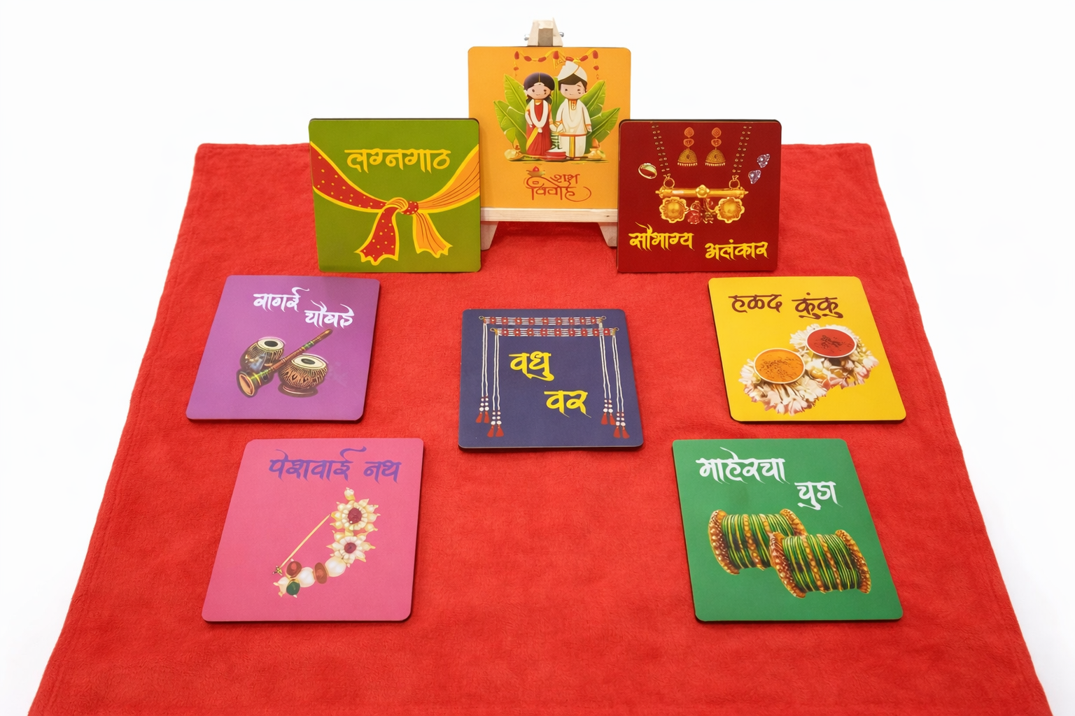 Traditional Marathi Quote Mini Desk Decor Card with Wooden Easel Stand (Pack of 8 cards with 2 stands)
